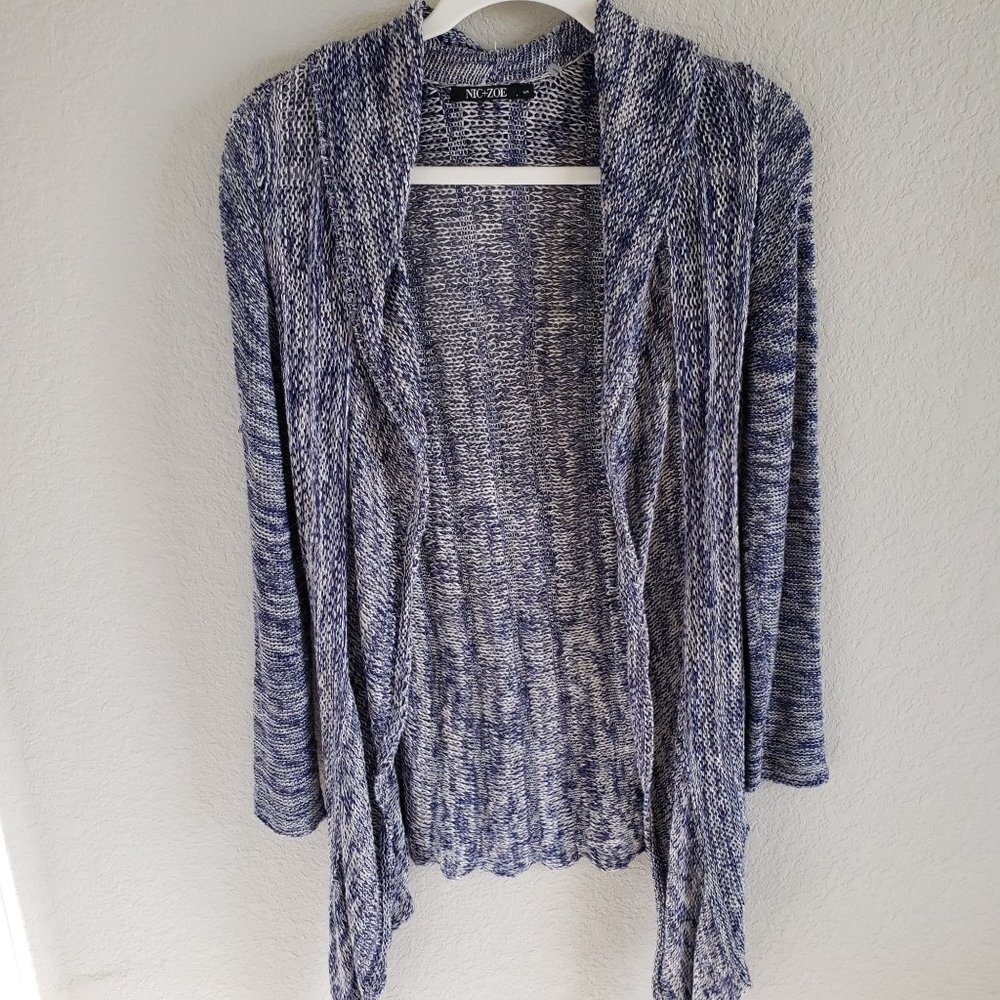 NIC+ZOE Blue White Space Dye Linen Blend Open Front Draped Cardigan Sweater S